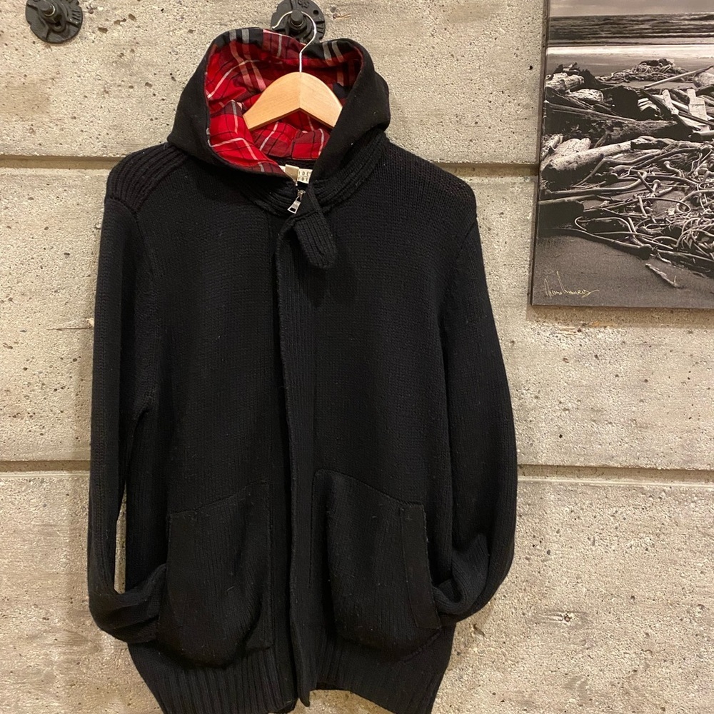 East side Knit Zip Up Sweater with red check plaid lining